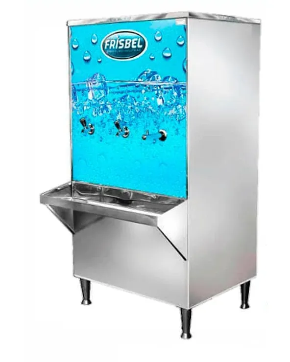 Bebedouro industrial de inox com a frente azul e a marca Frisbel