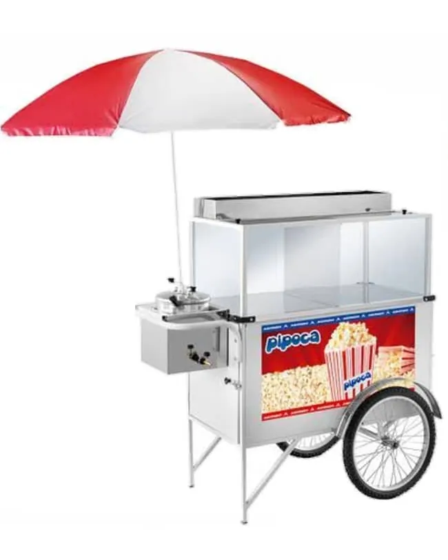 Carrinho de pipoca branco com guarda-sol vermelho e branco